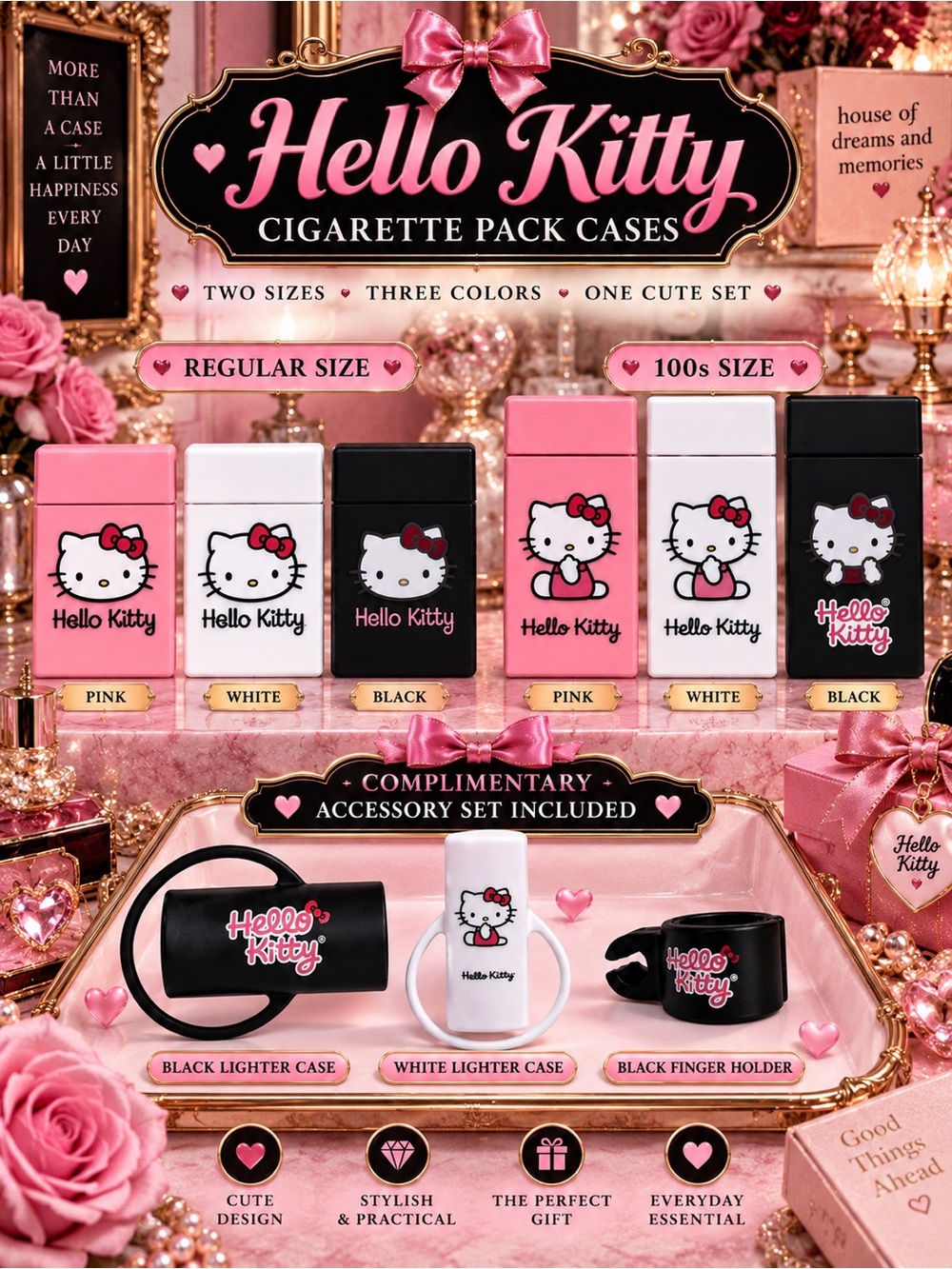 Hello Kitty 3 Piece Accessory Case Set Regular or 100s Pink White Black